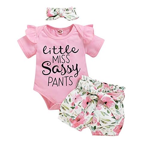 Baby Girl Outfit Little Miss Sassy Pants Short Sleeve Ruffle Romper Bodysuit Flower Shorts Pants Headband 3 PCS Clothes Set - pink - 0-3 Months Cover