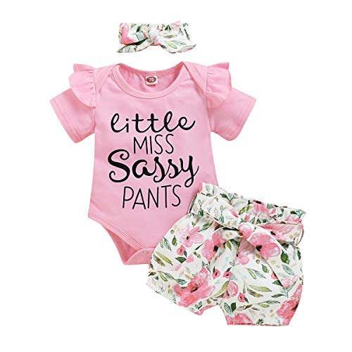 Baby Girl Outfit Little Miss Sassy Pants Short Sleeve Ruffle Romper Bodysuit Flower Shorts Pants Headband 3 PCS Clothes Set (Pink, 6-12M)