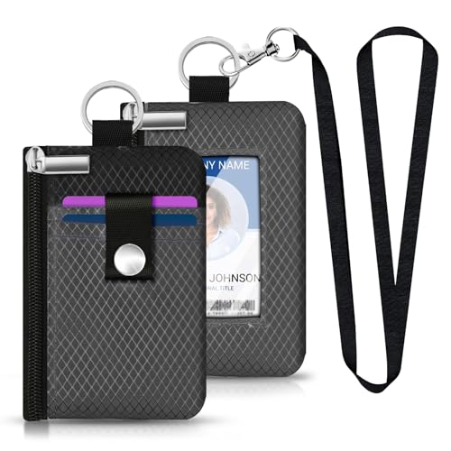 Image of Minimalist RFID Blocking Small Wallet with ID Window,WaterResistant Zip Id Case Wallet with Lanyard Keychain for Cards,Cash,Travel,Women,Men (DarkGrey /Black)