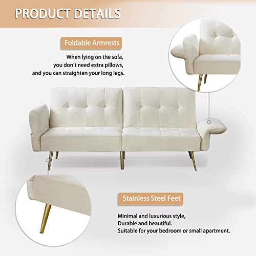 Fcnehlm 77.5” Futon Sofa Bed, Velvet Sofa Bed Futon Convertible Italian Velvet Futon Couch With Foldable Armrests And Adjustable Backrests With Magazine Bags, Sleeper Sofa Bed For Living Room, Beige #TOP4