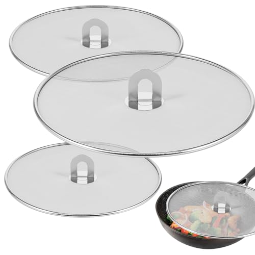 Hevtsde 3 Pcs Splatter Guard Stainless Steel Frying Pan Splatter Screen Splash Proof Oil Splatter Cover with Foldable Handle Mesh Oil Proofing Lids for Kitchen Cooking (9.8 inch, 11.4 inch, 13 inch)