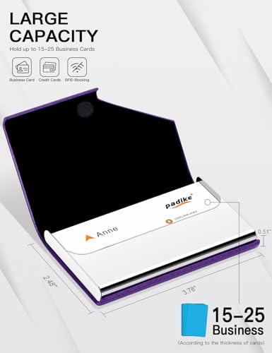Image of Padike Business Card Holder, Upgraded Leather Business Card Case Pocket Card Holders for Men or Women, Metal Slim Name Card Holder RFID Blocking Business Card Carrier with Magnetic Closure(Purple)