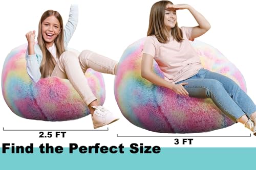 Image of Fluffy Bean Bag Chair, 3FT Round Memory Foam Filled Bean Bag for Teens & Kids, Ultra Soft Faux Fur Fabric Bean Bag Chairs for Playroom, Living Room, Bedroom, Rainbow