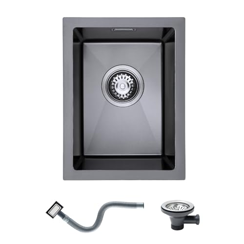 KINKIBOS Fregadero de cocina de acero inoxidable 304 de 30 x 40 cm, fregadero pequeño de una sola cubeta con desbordamiento, montaje inferior y empotrado (sin tubo de drenaje), 1 cuenco, gris y negro