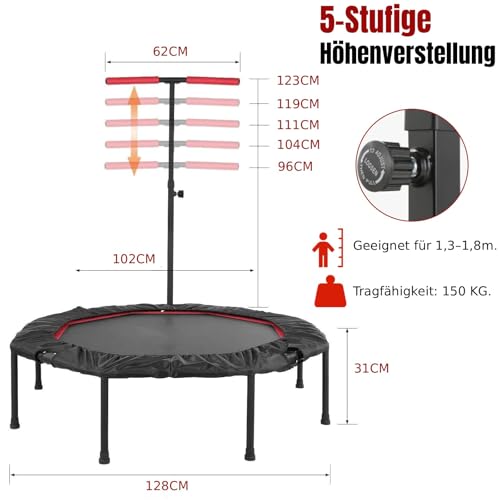 LIFERUN Mini Trampoline d'intérieur pour Adultes Ø 128 cm,Petit Trampoline de Fitness,Saut rebondissant,Capacité de Charge 150 kg,Corde en Caoutchouc,Poignées réglables en Hauteur,Maison, Rouge – Image 3
