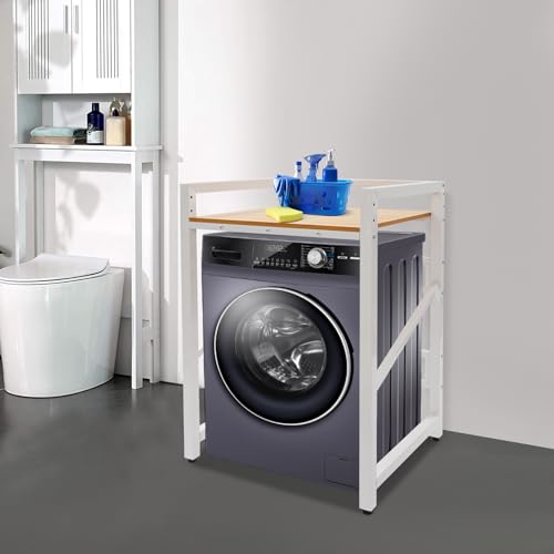 Seoqudcty Washer Dryer Stacking Rack Stand - Heavy Duty 661LB Adjustable Shelf Unit, 3-Height Laundry Organizer with Storage for Appliances Space Saving Solution (White+Yellow)