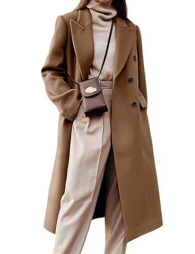 Kinghua Damen-Wollmantel für Herbst und Winter, eleganter Peacoat, doppelt geknöpft, langer Trenchcoat-Stil, Dunkles Khaki, Small