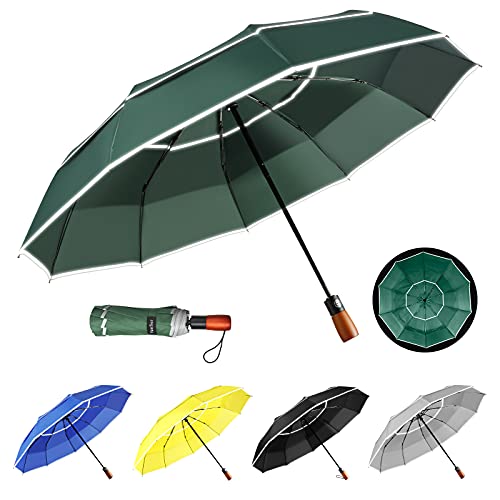 YumSur Ombrello antivento automatico, compatto, resistente e portatile, doppio baldacchino, manico antiscivolo, ombrello pieghevole da viaggio con telaio rinforzato, per uomini e donne, per giorni di
