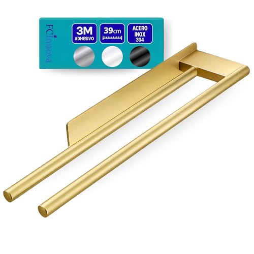 FCINNOVA Toallero Adhesivo Baño Dorado Cepillado Doble de 43cm y Acero Inoxidable 304 Estos Toalleros de Baño Sin Taladro Son de Facil Instalación y resitente fiajación Adhesiva Elegantes y Versatiles