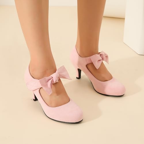 Women's Cute Bow Heels Mary Jane Low Kitten Heel Pumps Closed Toe Bowtie Ankle Strap Hook & Loop Vintage Wedding Evening Party Dress Office Work Church Shoes4