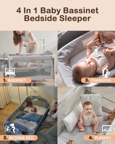 Image of AirClub 4 in 1 Baby Bassinet Bedside Sleeper, Baby Bedside Crib 4 Functions, Bedside Sleeper, Bassinet Crib, Baby Playard, Changing Table for Newborn Baby