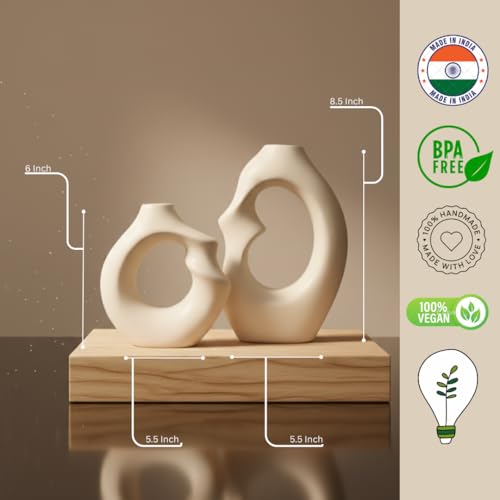 Image of Modern Abstract Ceramic Vases Set of 2 for Home Decor | Matte Finish Hollow Design Flower Vases for Living Room, Bedroom & Office | Minimalist Nordic Tabletop Decorative Vases - White
