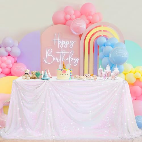 Image of B-COOL Sequin Tablecloth White Iridescent Table Overlay Rainbow Table Cloths 90x132inch Seamless Tablecloth Sparkly Wedding Party Decorations