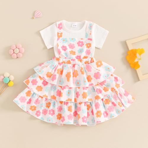 Image of Toddler Baby Girl Summer Clothes Kids Short Sleeve Solid T-Shirt Ruffle Daisy Skirts Overalls Dress Outfit 18M-6T
