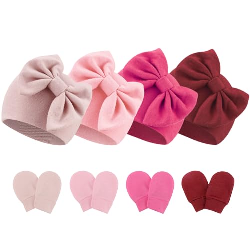 Image of BQUBO Newborn Baby Hats Mittens Set Hospital Hat Beanie Infant Bow Hats Baby Gloves No Scratch Mittens for 0-6 Months