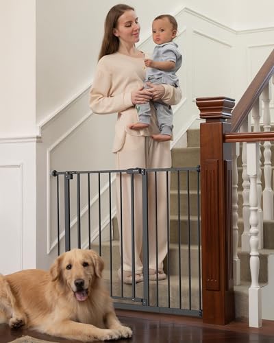Image of InnoTruth 28.9-42.1" Wide Baby Gate for Stairs, 30" Tall Dog Gates for Doorways Expandable One-Hand Open, Easy Walk Through Dual Lock Metal Pet Gates for Dogs, Black-Family & Mom's Choice Award Winner