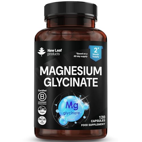 Magnesium Glycinate Supplements - Pure Active Ingredient - 120 High Strength Vegan Capsules Providing 208mg Elemental Per Serving - UK Manufactured By New Leaf Products 1040mg of Magnesium