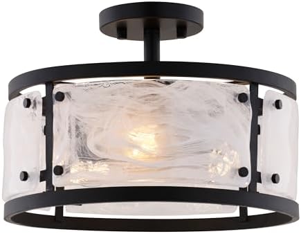 VAXCEL Wilder 3-Light 13 in. Wide Matte Black Contemporary Modern Drum Semi Flush Mount Lighting Fixture, White Swirl Glass Shade, Dimmable LED Compatible for Low Ceilings, Bedroom, Hallway, Kitchen
