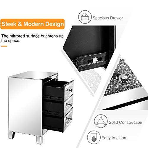 VINGLI Mirrored Nightstand with 3 Drawers Modern End Table Bed Side Table with Mirrored Finish, 17.72-inch W x 13.78-inch D x 23.62-inch H, Silver