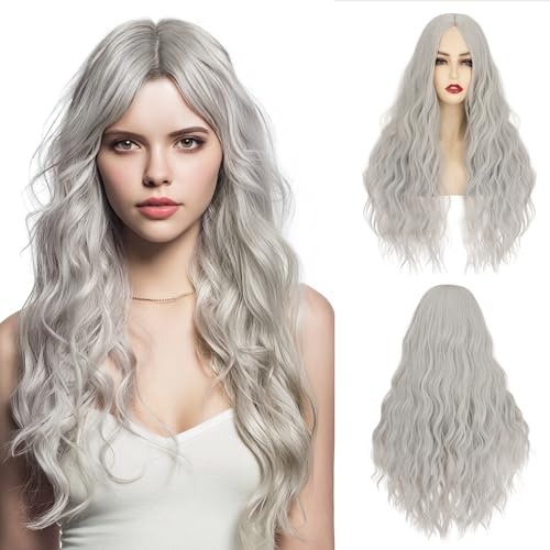 Image of S-noilite Long Grey Cosplay Wig for Women 27 inch Curly Wavy Middle Part Wig Heat Resistant Synthetic Hair Halloween Costume Party Daily Use Colorful Wigs
