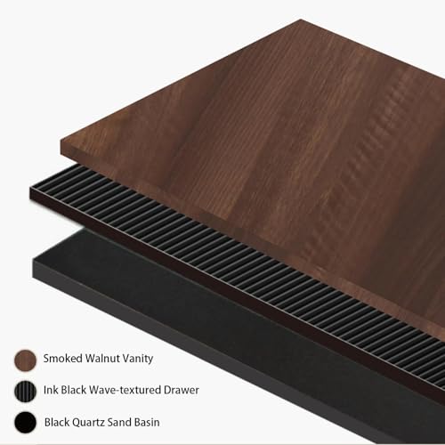Image of 30'' Floating Bathroom Vanity with Sink, Wall-Mounted Bathroom Storage Cabinet with Soft-Close Striped Drawer & Quartz Sand Basin, Modern Smoked Walnut Body with Internal Handle, Black