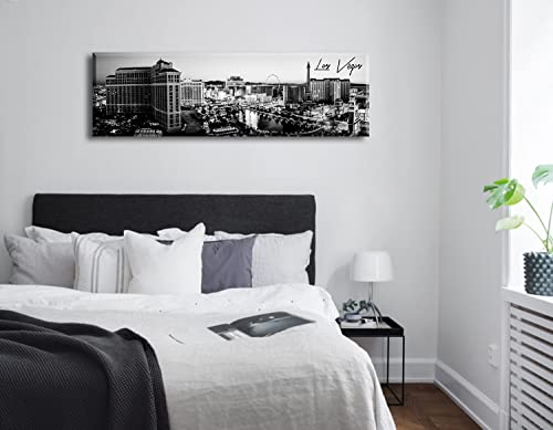 Image of Las Vegas Skyline Wall Art for Living Room American Cityscape Canvas Prints Black and White City Bellagio Fountain Skyscraper Night View Panoramic Pictures Modern Building Poster Framed 13.8 inchX47.3 inch