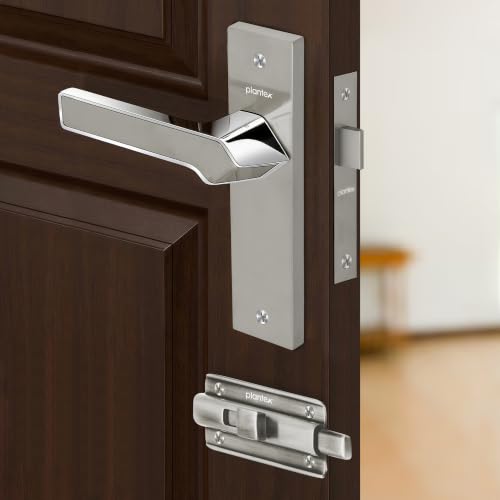 Image of Plantex Heavy Duty Bathroom Door Lock - Mortise 8 Inch Keyless Plate Handle Set for Home /Bathroom /Store Room /Balcony /Office with Baby Latch (8133-Satin Steel & Chrome)