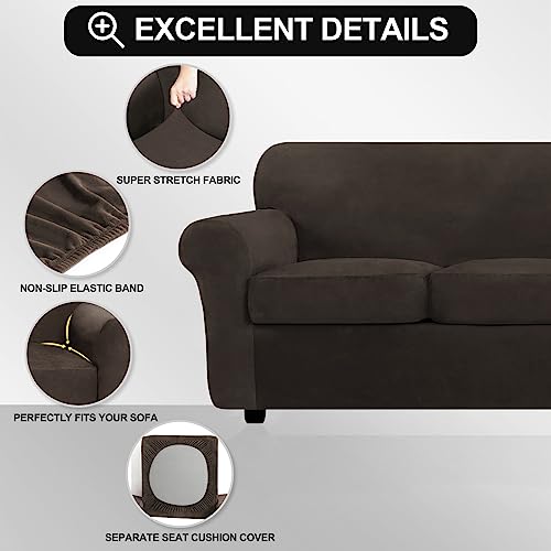 Festicorp Velvet Sofa Covers For 2 Cushion Couch Sofa Slipcovers For 2 Seat Cushion Couch, Stretch Love Seat Couch Covers, 3 Piece Couch Cover, Thick Furniture Covers For Dogs Pets, Brown #TOP1