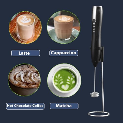 Image of Rechargeable Handheld Milk Frother Wand with Stand | 2 Whisk Heads, 3 Speeds Adjustable Coffee Drink Mixer with Stand for Lattes, Matcha, Hot Chocolate, Egg, Matcha, Black