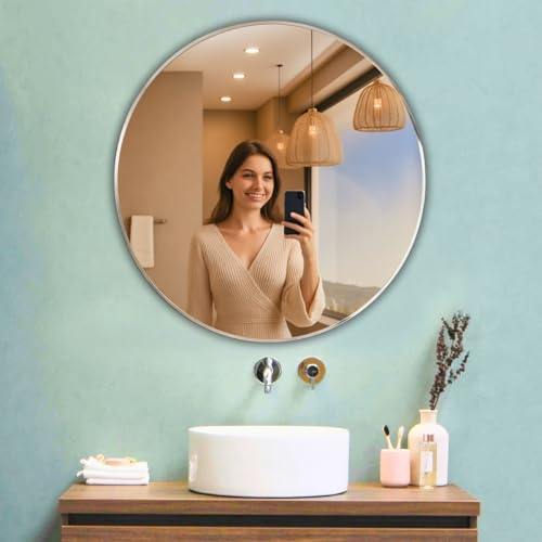 Image of 18x18 Inch Frameless Round Mirror for Wall /Beveled Glass with Smooth Edges /Mirror for Bathroom /Bedroom /Living Room /Entryway /Dressing Room /Unframed Decorative Mirror | BM1818A7