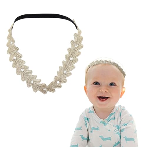 Baptism Headband for Baby Girls, Gold Lace Leaf Headband Elastic Hairband Rhinestone Tiara Headpiece Baby Baptism Christening Hair Accessories for Baby Girls Toddlers Newborn Infants
