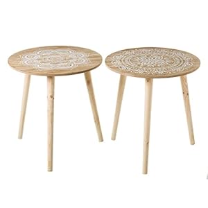 LOLAhome Set de 2 mesas auxiliares con Mandala de Madera Blanco y Natural de Ø 40×42 cm