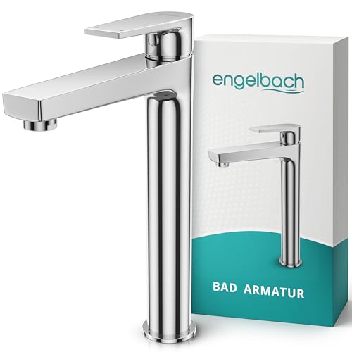 Engelbach Wasserhahn Bad - 304 Edelstahl Waschtischarmatur Hoch mit langlebiger Keramikkartusche - inklusive 2 Schläuche & Anleitung Armatur Badezimmer Chrom