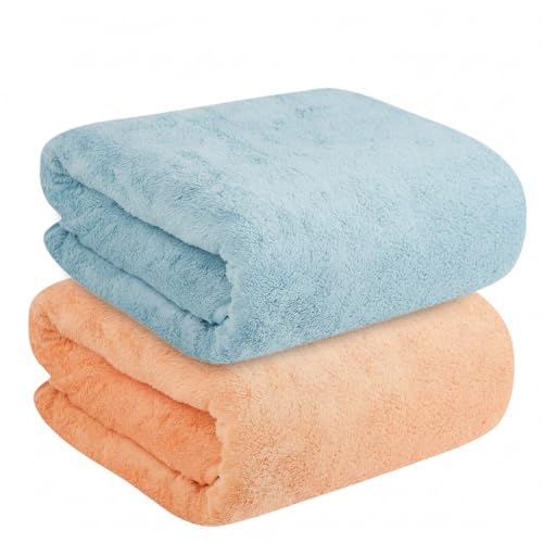 Image of Dribble Coral Fleece 450 GSM Bath Towel 70x140 cm | Ultra Soft, Quick Dry, Highly Absorbent | Lightweight & Skin-Friendly Towel for Bathroom, Gym & Travel, (Peach /Blue, Pack of 2)