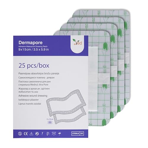 VED Dermapore Apósito adhesivo impermeable para heridas - Adecuado para cortes y rozaduras, úlceras venosas en las piernas, pequeñas úlceras por presión - Mediano, (9 x 15cm (Pack of 25))