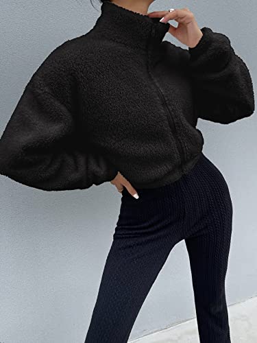Soly Hux Women's 2023 Casual Faux Fur Sherpa Jacket Zip Up Drop Shoulder Fuzzy Coat Cropped Outwear Jacket Solid Black L #TOP4