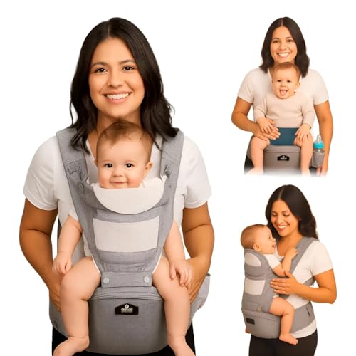 AIEBAO Mochila Canguru Classic Para Bebê, Ergonômico, Com Assento, 03 Modos de Uso, Apoio Lombar, Com Suporte de Cabeça, Bolso Frontal e Lateral, Até 48 Meses, Suporta 36kg, Acolchoado, Fivelas Ajustáveis, Cinza.