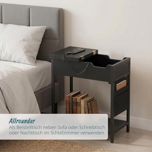 Relaxdays Beistelltisch mit Steckdosen, USB-Anschluss, Seitentasche, HxBxT: 60 x 60 x 31,5 cm, Nachttisch, schwarz