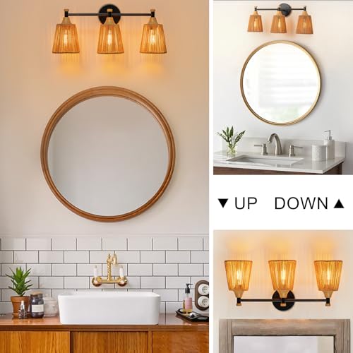 Image of 3-Light Farmhouse Bathroom Light Fixtures, Boho Vanity Lights Over Mirror | Handwoven Rattan Wicker Lampshade, Rustic Lighting for Bedroom Kitchen Hallway Restroom Bathroom