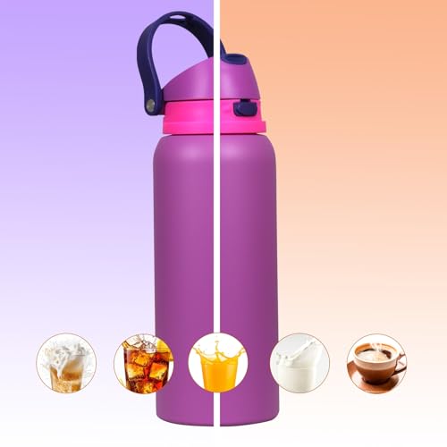 Image of FreeSip Gym Water Bottle with Straw & Chug Lid - Leak Proof Push Button Opening, BPA Free, Large Capacity Sports Bottle with Carry Handle (Purple 33 OZ, 1000 ml)