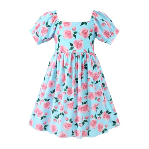 Image of Girls Floral Dress Square Neck Ruffle Sleeve Bow Back Twirl Cotton Dress