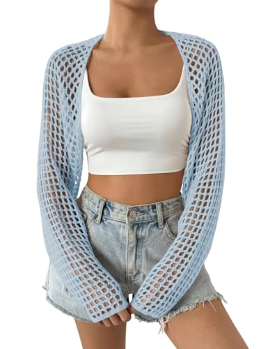 Image of Women's Lightweight Crop Cardigan Crochet Knit Long Sleeve Bolero Shrug Sweater