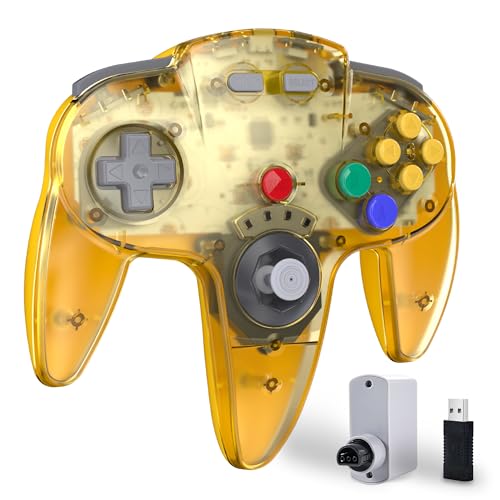 Wireless N64 Controller, 2.4GHz mit USB-Receiver N64 Empfänger, Remote Gamepad Joystick kompatibel mit N64 Konsole, Windows PC MAC Raspberry PI Switch (Klar Gelb)