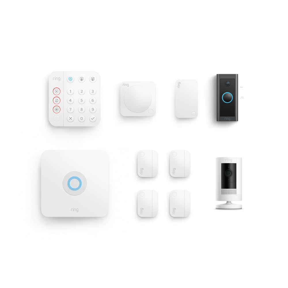 Ring Video Doorbell Wired with Ring Stick Up Cam (White) and Ring Alarm 8-piece (White)