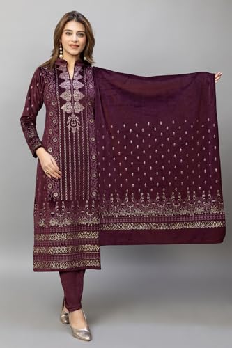 Image of HIFZAA velvet kurta palazzo set with dupatta for womens printed winter wear suit M to 4xl