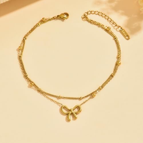 Image of NONAMOIS 18K Gold Plated Diamond Ankle Bracelets for Women Waterproof Gold CZ Pearl Bow Link Chain Anklets Non Tarnish Summer Beach Foot Jewelry Gifts