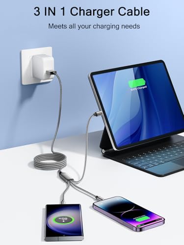 Multi Charger Cable, 3 in 1 Fast Charging Cord [2Pack 1.2M] 3A Multiple USB Cable Nylon Braided with Micro USB, Type C Lightning Connector for iPhone, Android Samsung S22 S20, Huawei, Nexus, Nokia,LG