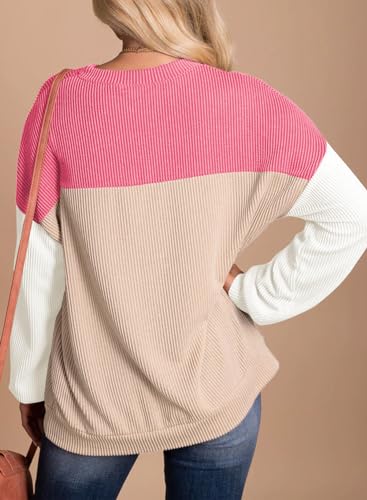 Image of Dokotoo Womens Tops Fashion 2026 Color Block Long Sleeve Shirts for Women Crewneck Knitted Casual Loose Blouses