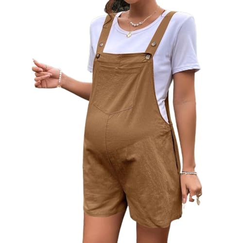 Mono Corto de Maternidad para Mujer Mono Sin Mangas con Botones Mono de Peto de Algodón Lindo con Bolsillos (Color : Brown, Size : M)