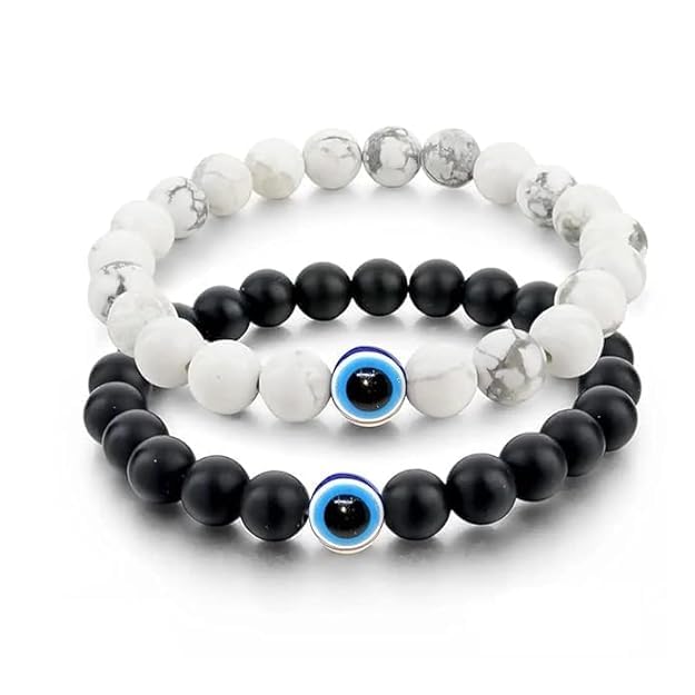 NIYATI ENTERPRISES Pack of 2 Evil Eye Couple Distance Relationship 8 mm bead Bracelets for men Women Stretch Bracelets Black Matte Agate & White Howlite Energy Beads Stone Lovers Touch (B0DGTRJ9MF) Amazon Price History, Amazon Price Tracker